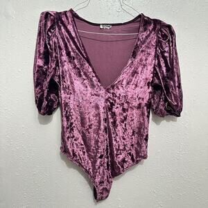 Free People Don't You Wish Purple Velvet V Neck Bodysuit Puff Sleeve Womens S